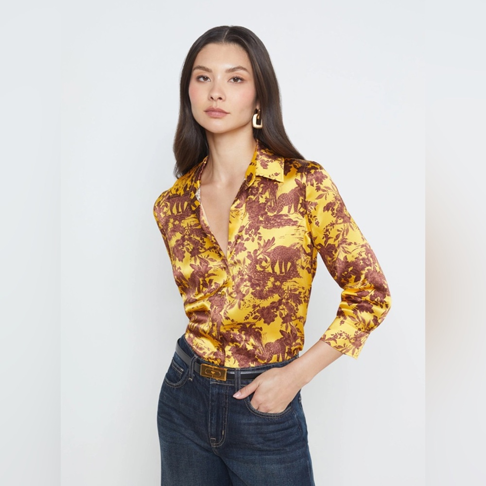 NWT $395 L'agence Dani Silk Blouse In Yellow Multi Safari Scenic